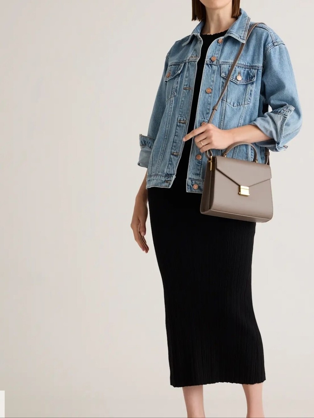 Quince Small Handle Crossbody Satchel w/ Detachable Strap Taupe Gold Hardware - Picture 5 of 16